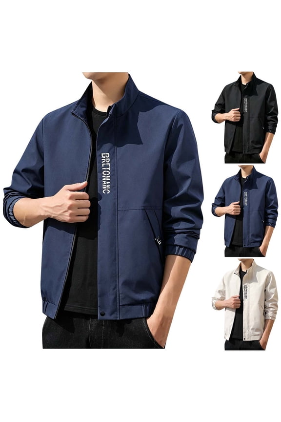 Men's Sports Track Shell Jacket Golf Bomber Jacket with Zipper Pocket Lightweight Windbreaker Outdoor Recreation Coat Stand Up Streetwear Blue