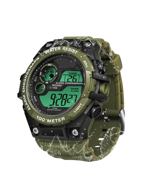 Men's Sports Watch 10 ATM Waterproof for Swimming and Diving Military Watch with Alarm Clock, Stopwatch, Timer, Dual Time Zone, Calendar, Backlight, 12 or 24 Hours Format