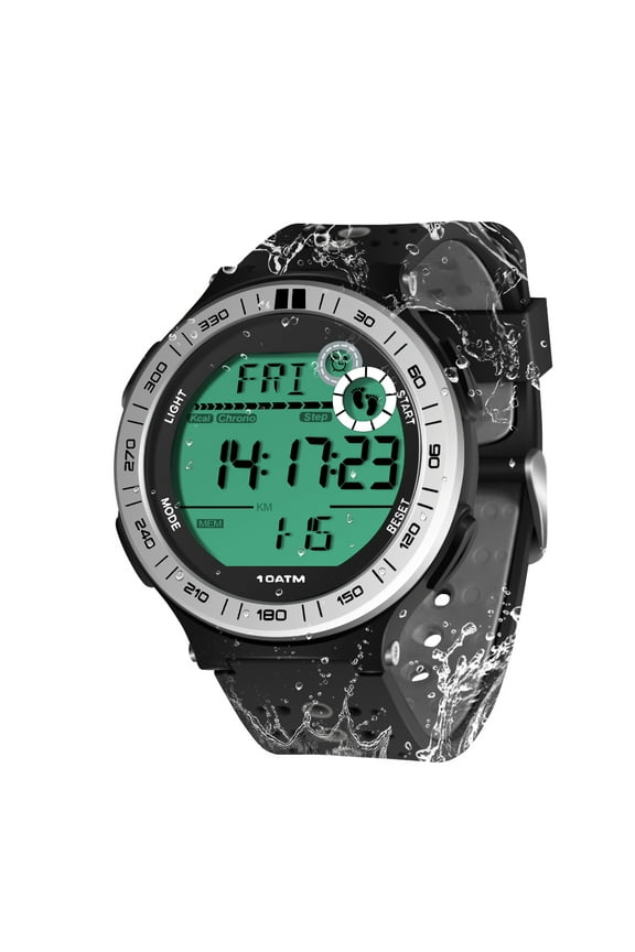 Men's Sports Watch Pedometer 10 ATM Waterproof Lap Stopwatch for Swimming and Diving with Alarm Clock, Calendar, Backlight, 12 or 24 Hourss Format