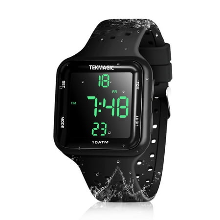 Men's Sports Watch Silicone Band 10 ATM Waterproof for Swimming and Diving with Alarm Clock, Stopwatch, Timer, Dual Time Zone, Calendar, Backlight, 12 or 24 Hours Format