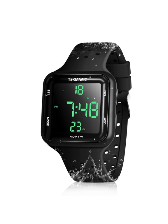 Men's Sports Watch Silicone Band 10 ATM Waterproof for Swimming and Diving with Alarm Clock, Stopwatch, Timer, Dual Time Zone, Calendar, Backlight, 12 or 24 Hours Format