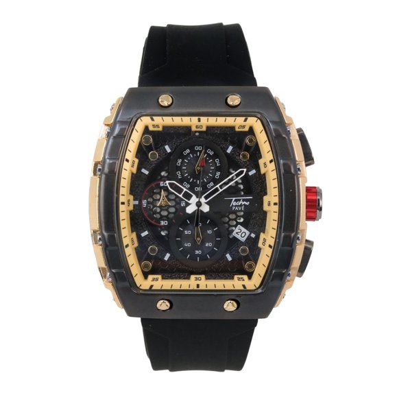 Men’s 46mm Tonneau Watch – Multi Dial with Bold Design, Silicone Strap & Date Display – Luxury Hip Hop Timepiece - Gun Gold Finish