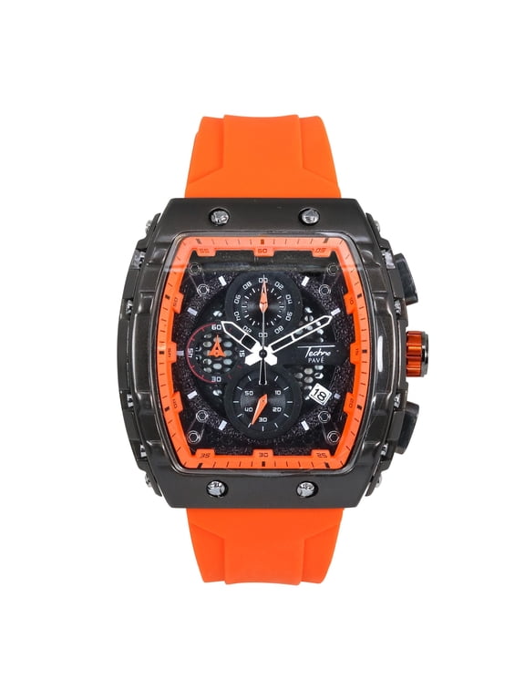Men’s 46mm Tonneau Watch – Multi Dial with Bold Design, Silicone Strap & Date Display – Luxury Hip Hop Timepiece - Gun Orange Finish