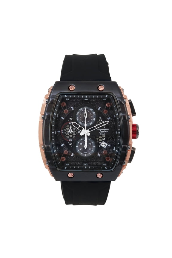 Men’s 46mm Tonneau Watch – Multi Dial with Bold Design, Silicone Strap & Date Display – Luxury Hip Hop Timepiece - Rose Black Finish
