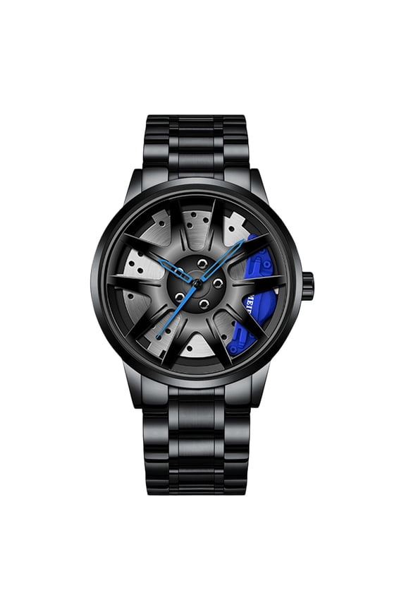 Men's Sporty Analog Quartz Timepiece Featuring Unique Hollow 3D Wheel Design and Stainless Steel Car Rim Style Wrist Accessory