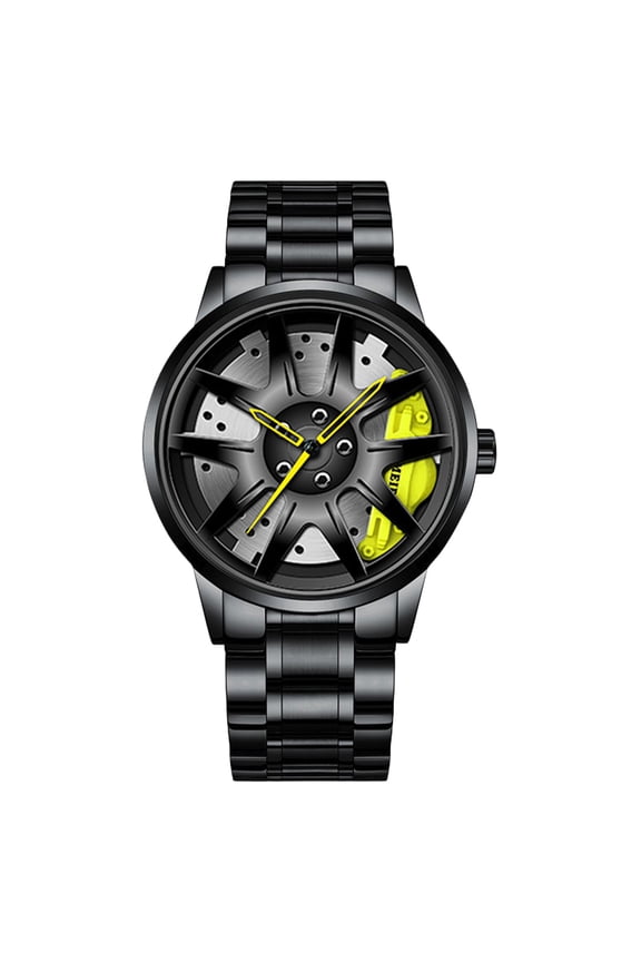 Men's Sporty Analog Quartz Timepiece With Hollow 3D Wheel Design Stainless Steel Car Rim Style Wrist Accessory For Him