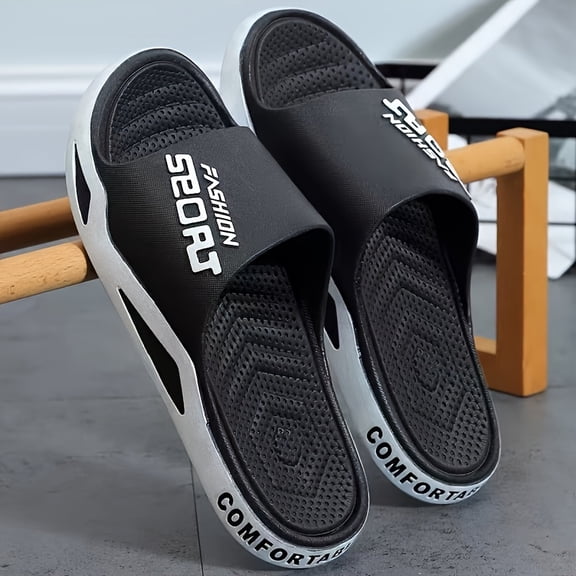 Men's Sporty Slide Sandals, EVA Open-Toe Slippers with "FASHION" Print and Cushioned Footbed for Casual, Gym, and Outdoor Use