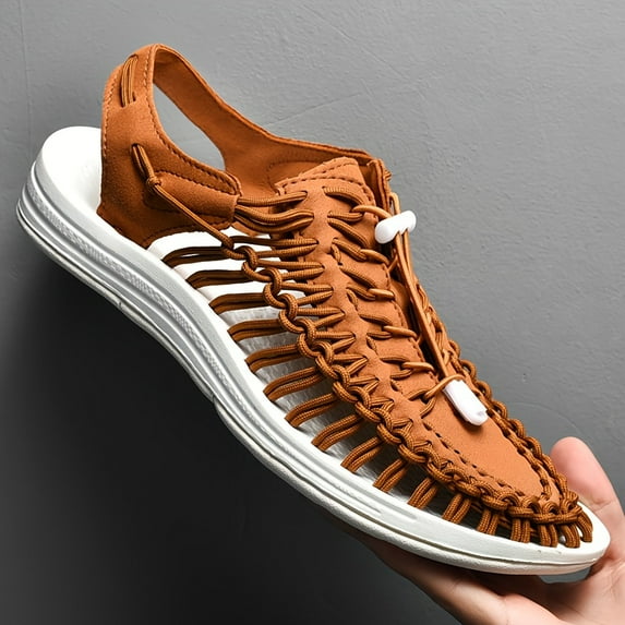 Men's Spring And Summer Knitted Closed Toe Summer Sandals, Breathable Non Slip Shoes With Elastic Shoelaces For Outdoor Casual