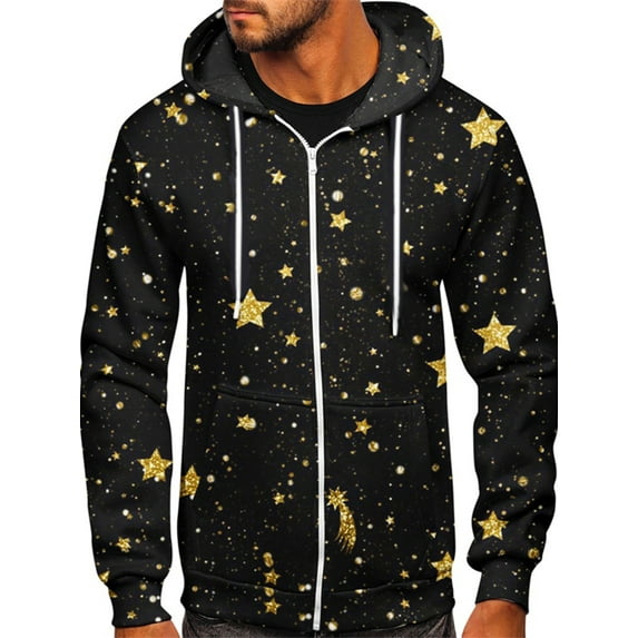 Men's Spring Autumn Loose Hoodie Long Sleeve Christmas Patterned Casual Zip Up Hooded Sweatshirt