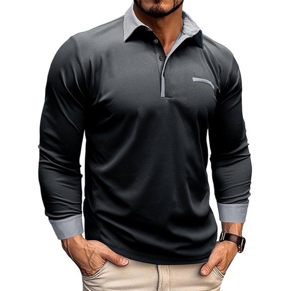 Men's Spring Casual Turn-Down Collar Breathable Button Long Sleeve Polo Shirt, Lightweight Top for Outdoor and Work,Black,L