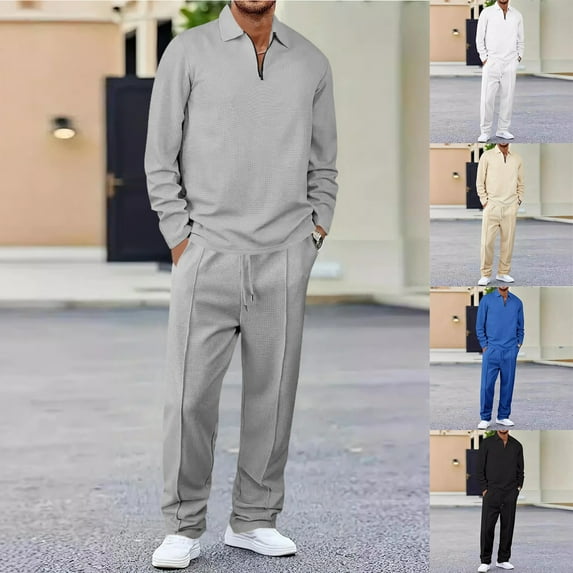 Men's Spring Fall 2-Piece Casual Set, Long Sleeve Striped Shirt and Half-Zip Square Neck Top with Drawstring Pants, Stylish Waffle Knit Outfit,Blue,2XL