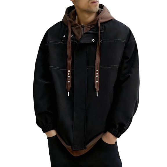Men's Spring & Fall Lightweight Hooded Colorblock Fake Two-Piece Windbreaker, Black, Size L