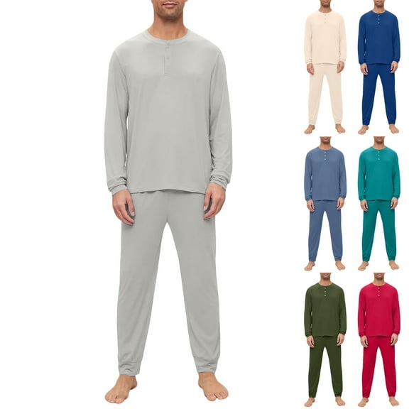 Men's Spring Fall Pajama Set, Long Sleeve Henley Top and Long Pants, Soft Sleepwear Loungewear For Nightwear and Home,Royal Blue,2XL