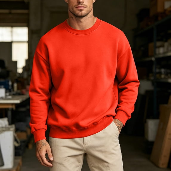 Men's Spring Fall Sweatshirt Fleece Lined Solid Color Crew Neck Long Sleeve No Hood Sweatshirt