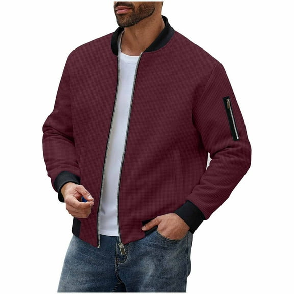 Men's Spring Fall Waffle Knitting Slim Fit Flight Bomber Jacket - Lightweight 100% Polyester Outerwear with Ribbed Details & Inside Pocket