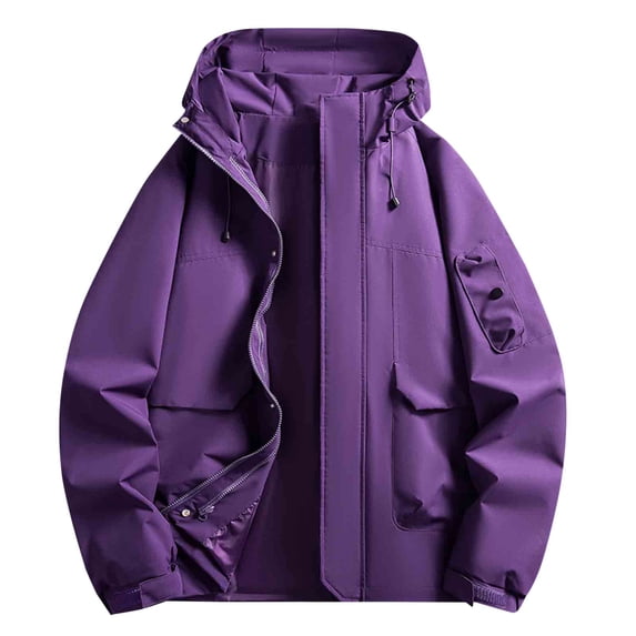Men's Spring Fall Winter Hooded Jacket Waterproof Lightweight Rain Coat Hiking Windbreaker Jacket with Multi Pocket