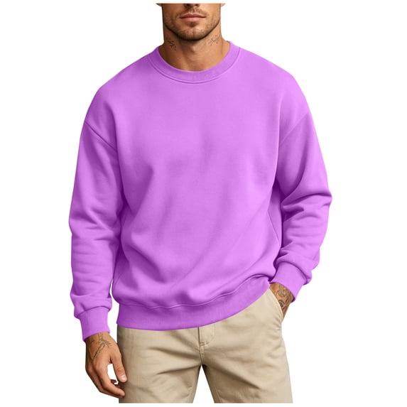 Men's Spring Fleece Lined Solid Color Crew Neck Long Sleeve Hoodless Sweatshirt