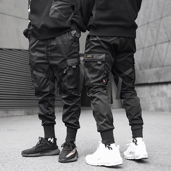 Men's Spring Multi Pocket Casual Loose Trendy Cuffed Work Pants, Streetwear Cargo Pants for Youth Fashion,Black,M