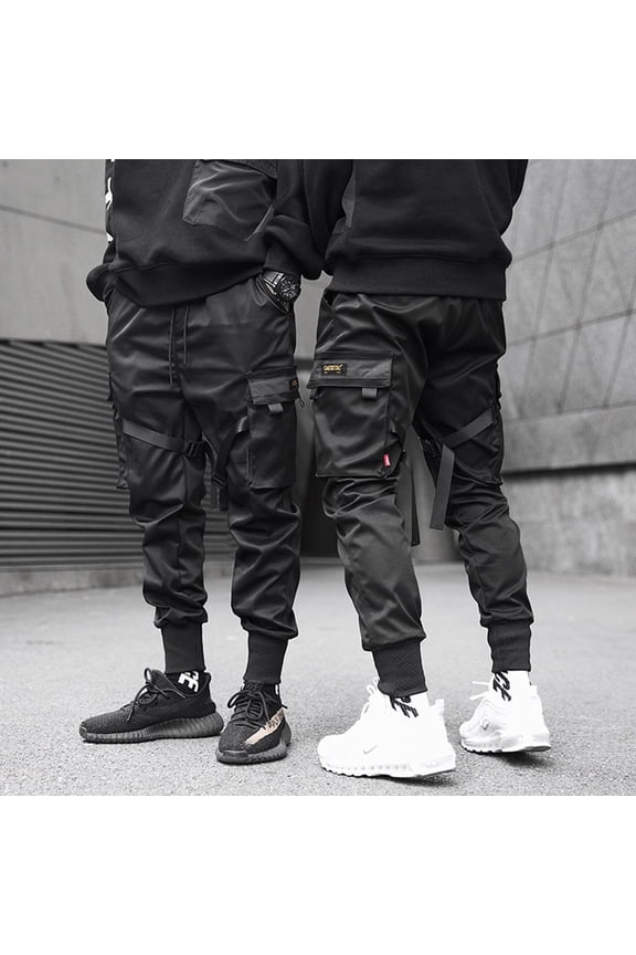 Men's Spring Multi Pocket Casual Loose Trendy Cuffed Work Pants, Streetwear Cargo Pants for Youth Fashion,Black,M