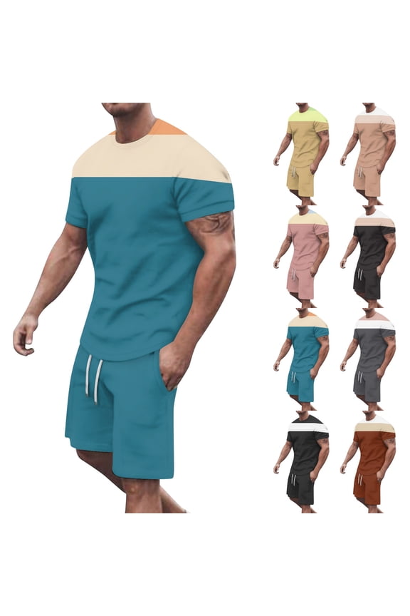 Men's Spring Summer 2-Piece Casual Set, Color Block Short Sleeve Tee and Shorts, Breathable Outfit For Streetwear Fashion and Daily Use,Brown,XL