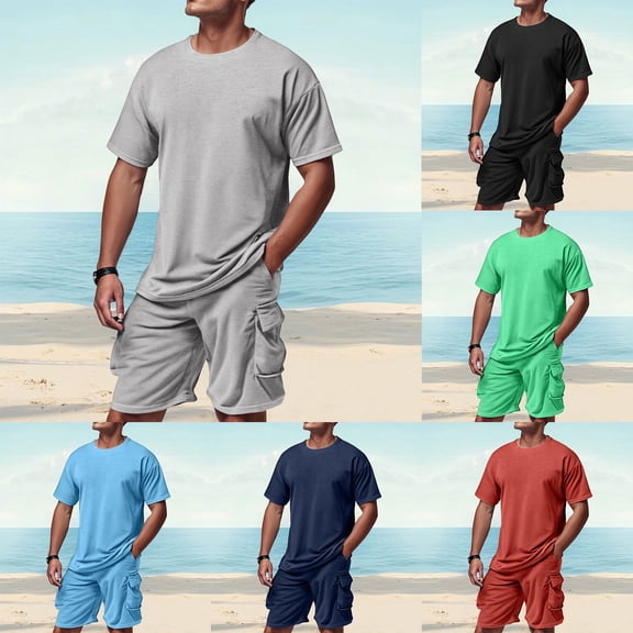 Men's Spring Summer 2-Piece Casual Set, Loose Short Sleeve T-Shirt and Cargo Shorts, Fashion Sportswear Outfit For Outdoor Activities,Green,M
