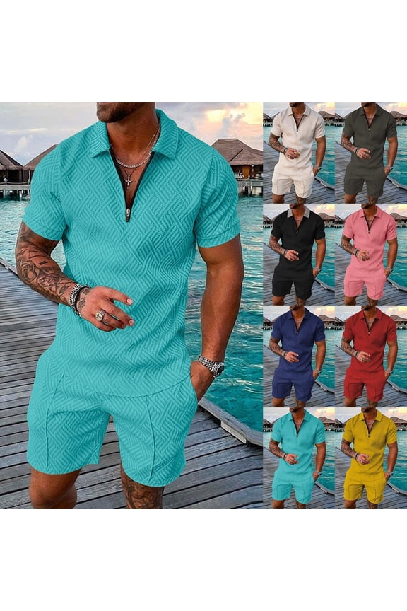 Men's Spring Summer 2-Piece Tracksuit, Short Sleeve Polo Shirt and Shorts, Casual Sport Suit For Hot Weather Outdoor Activities,Yellow,M