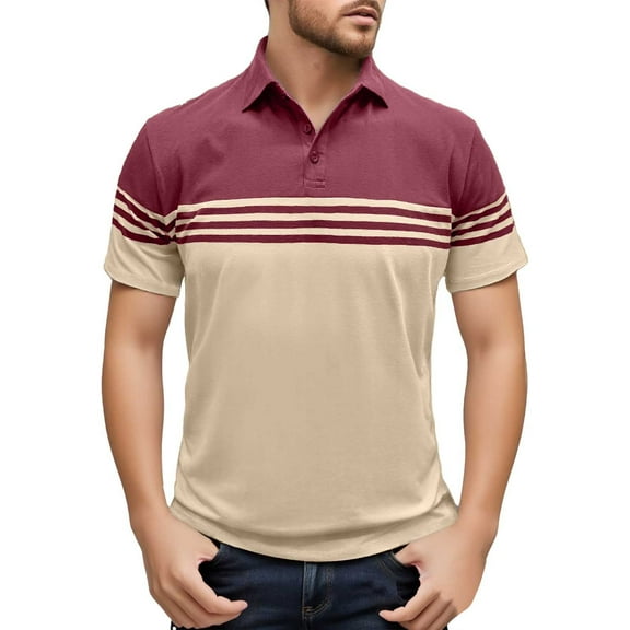 Men's Spring & Summer Fashion Casual Short Sleeved Striped Shirt Lapel T Shirt Color Matching Top, Polyester, for Daily & Party