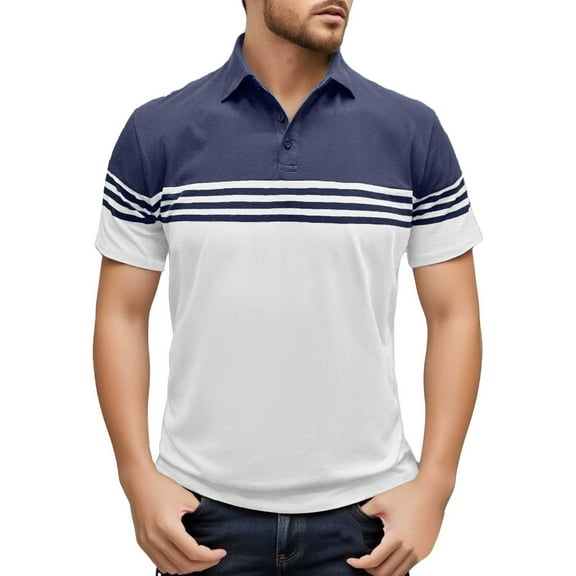 Men's Spring & Summer Fashion Casual Short Sleeved Striped Shirt Lapel T Shirt Color Matching Top, Polyester, for Daily & Party