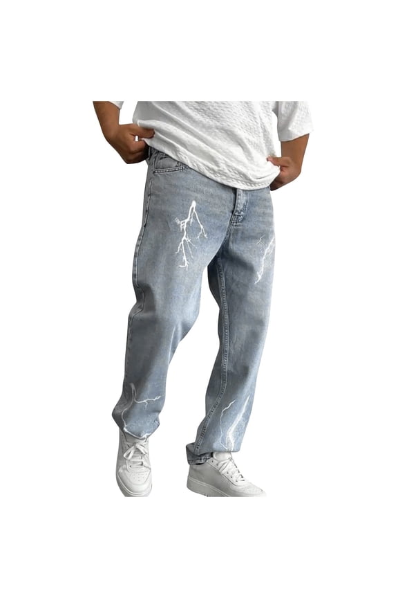 Men's Spring Summer Jeans Lightning Print Baggy Wide Leg Pant Straight Washed Denim Pants Durable Button Fly Streetwear L