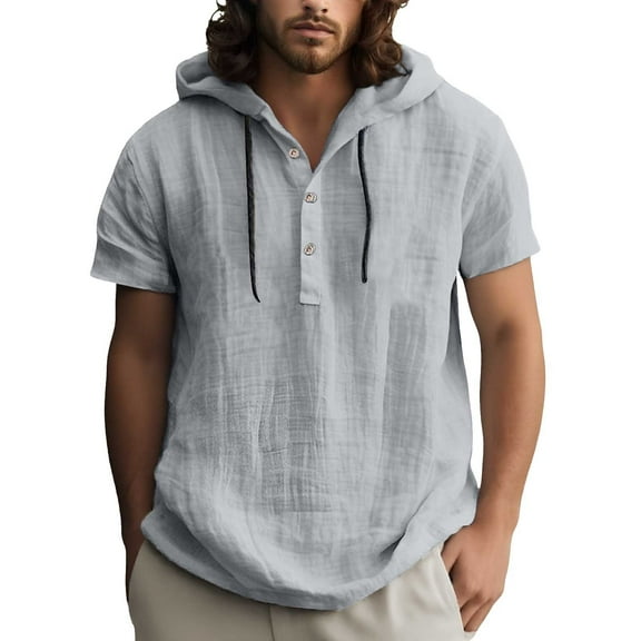 Men's Spring/Summer Solid Color Linen Beach T Shirt Hooded Short Sleeve, Lightweight for Casual Outings