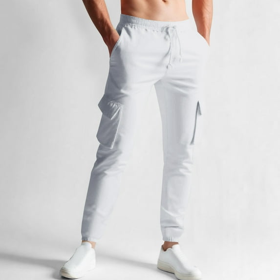 Men's Spring Work Clothes Solid Color Multi Pocket Leisure Jogging Tight Pants Men Joggers under $10 White XXXL