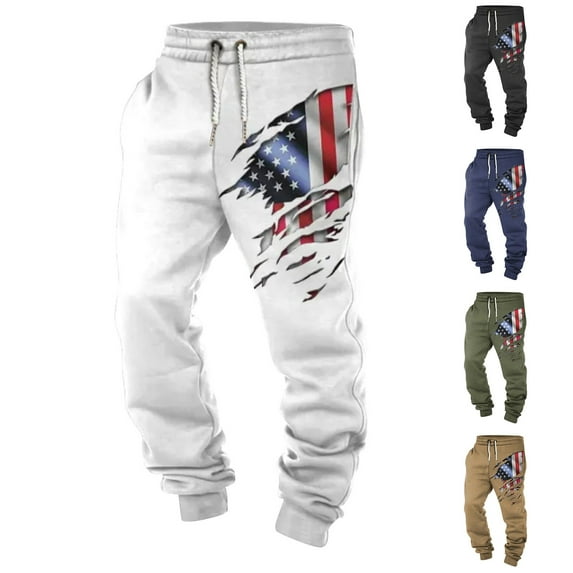 Men's Spring and Fall Sports Fitness Solid Color Trousers, Loose Running Casual Large Size Flag Print Sweatpants Cotton for Athletic Wear,White,M