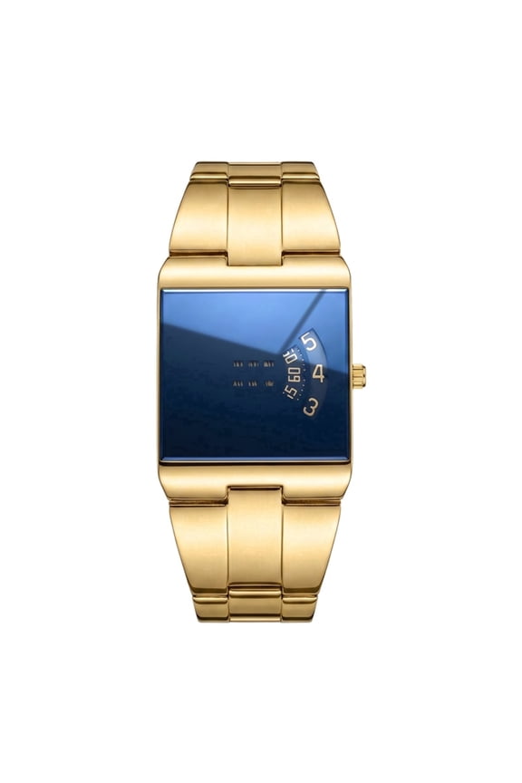 Men's Square Analog Quartz Wrist Watch, Gold Stainless Steel Strap Gradient Blue Mirror Dial Creative Jump Hour Business Dress Watch