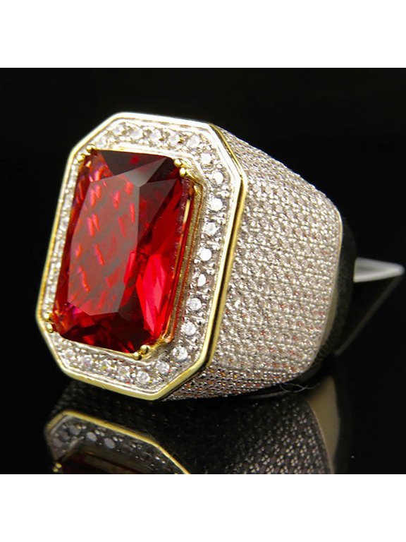 Men's Square Engagement Ring, 14K Gold-Plated Promise Ring, 5A Cubic Zirconia, Hip‑Hop Style, Domineering Square Ruby, Anniversary Men's Ring, Wedding Ring