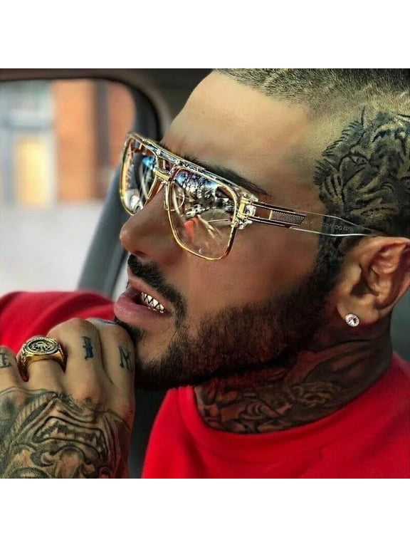 Mens Square Fashion Sunglasses Clear Lens Gold Frame UV400 Lightweight Oversized Retro Hip Hop Glasses For Driving Travel Outdoor Casual Streetwear Style