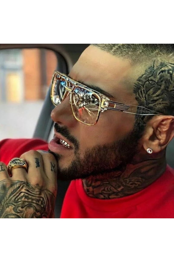 Mens Square Fashion Sunglasses Clear Lens Gold Frame UV400 Lightweight Oversized Retro Hip Hop Glasses For Driving Travel Outdoor Casual Streetwear Style