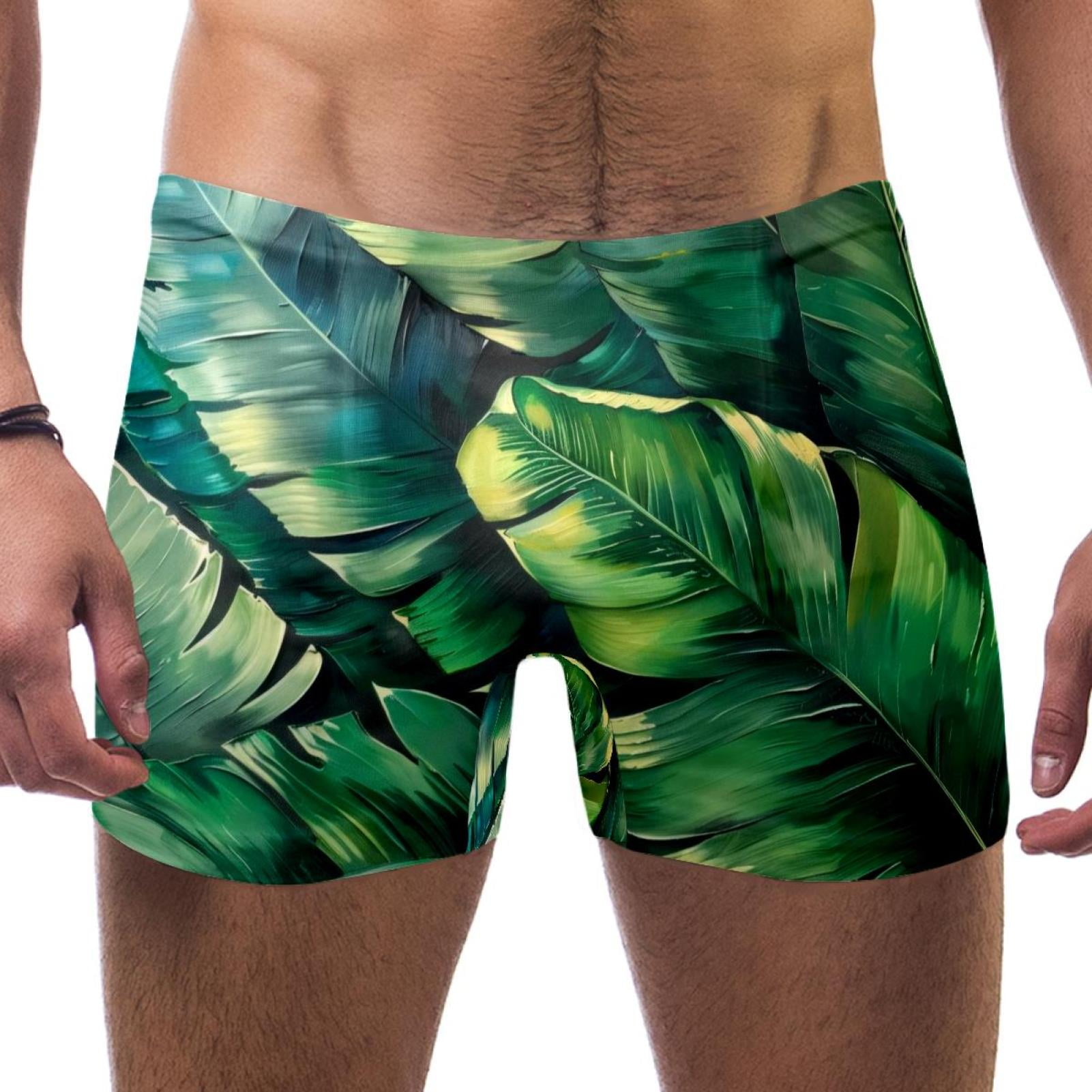 Men's Square Leg Athletic Swimsuit Swimwear Tropical Leaves Green Pattern Bathing Surf Suit Swim