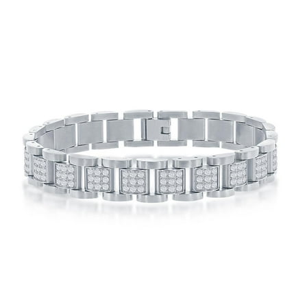 Men’s Square Link Bracelet with Pave Simulated Diamond CZ | Silver Stainless Steel 8.5” Bracelet | Men’s Jewelry for Father’s Day