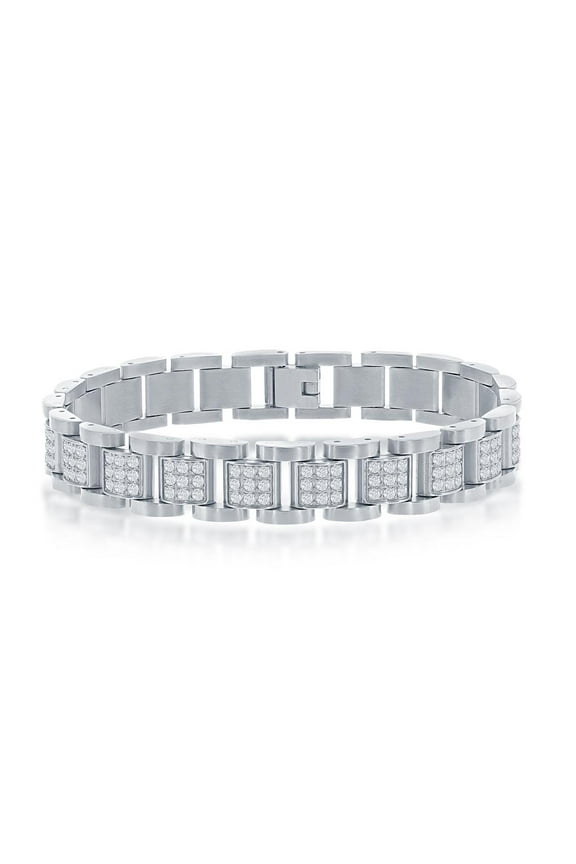 Men’s Square Link Bracelet with Pave Simulated Diamond CZ | Silver Stainless Steel 8.5” Bracelet | Men’s Jewelry for Father’s Day