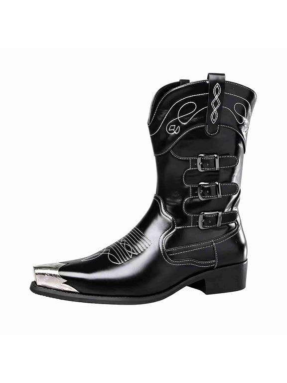 Men's Square Metal Cap Toe Cowboy Boots, Triple Buckle Side Zipper Western Mid Calf Boots, Block Heel Retro Biker Boots