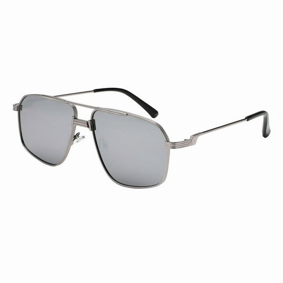 Men's Square Navigator Sunglasses Metal Frame Double Bridge UV400 Silver, Mirror