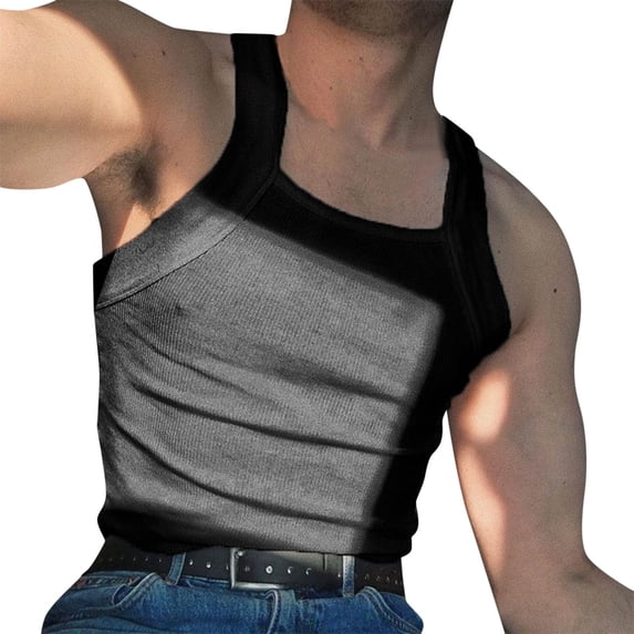 Men's Square Neck Ribbed Knit Tank Top Basic Solid Slim Fit Sleeveless Undershirts Muscle Tops Big and Tall Size 4XL Black