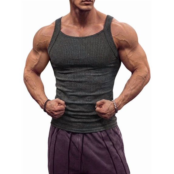 Men's Square Neck Ribbed Slim Fit Sports Tank Top Dark Gray L