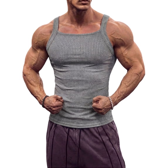Men's Square Neck Ribbed Slim Fit Sports Tank Top Light Gray XL