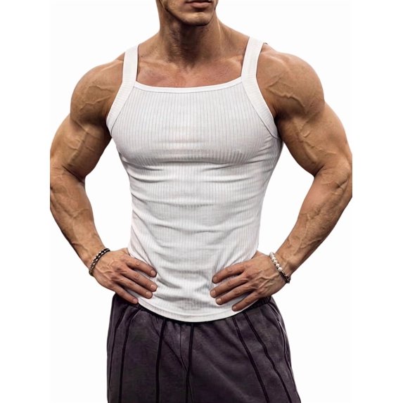 Men's Square Neck Ribbed Slim Fit Sports Tank Top White M