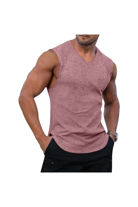 Men's Square Neck Ribbed Tanks Sleeveless Slim Fit Gym Workout Shirts, Basic Muscle Undershirts Pink L