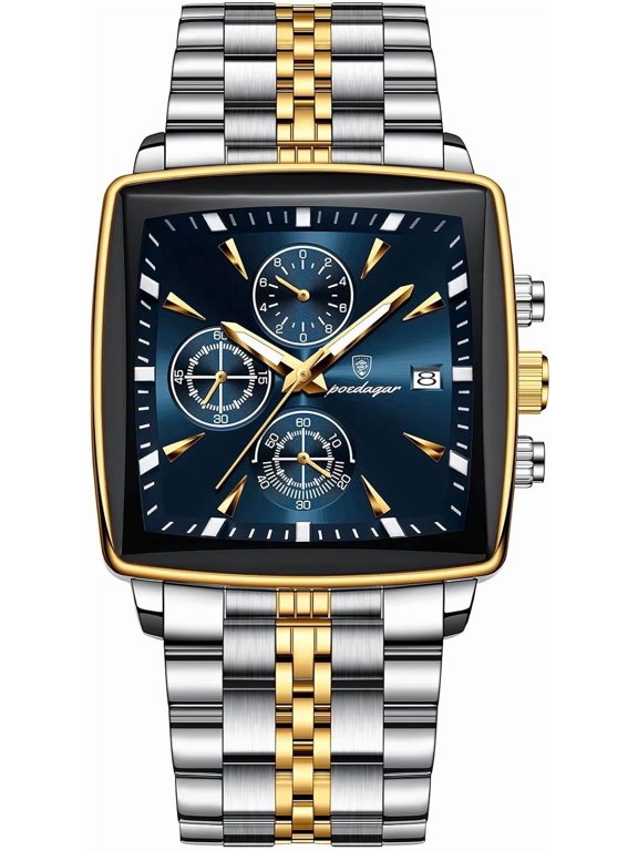 Men’s Square Sport Quartz Wrist Watch, Luminous Chronograph Analog Watch, Waterproof Stainless Steel Timepiece