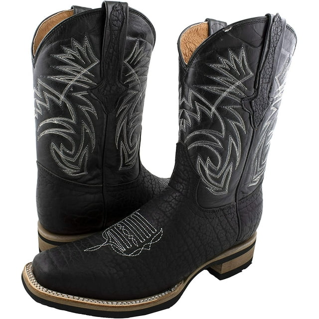 Men's Square Toe Bull Neck Leather color Black Sole Rubber Classic Rodeo Style