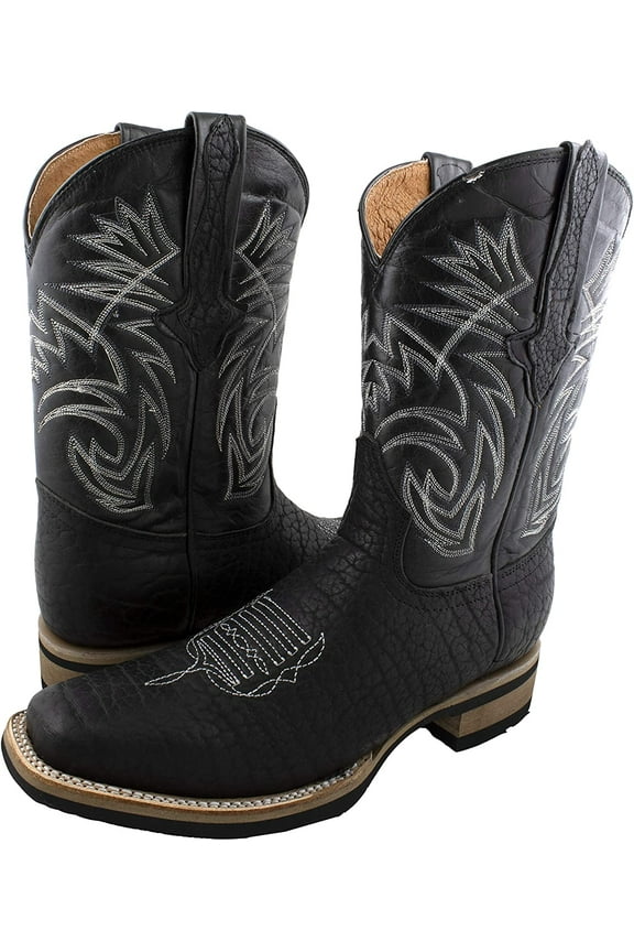 Men's Square Toe Bull Neck Leather color Black Sole Rubber Classic Rodeo Style