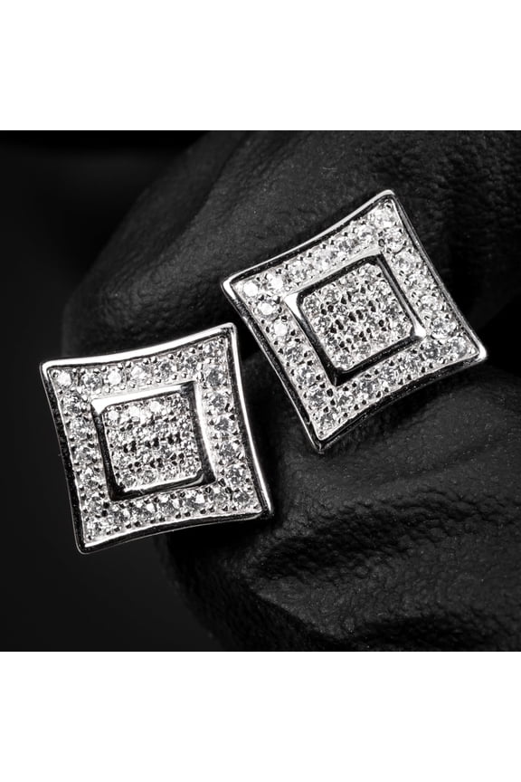 Men’s Square White Gold 925 Sterling Silver Screw Back Post Micro Pave 3D Iced 5A Cz Hip Hop Stud Earrings